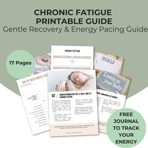 K&ouml;nnte beinhalten: Ein 17-seitiger druckbarer Leitfaden mit dem Titel Chronic Fatigue Printable Guide: Gentle Recovery & Energy Pacing Guide. Die Seiten enthalten Abschnitte f&uuml;r Gedankenmuster, Ziele, Stimmungsprotokolle und ein kostenloses Journal.