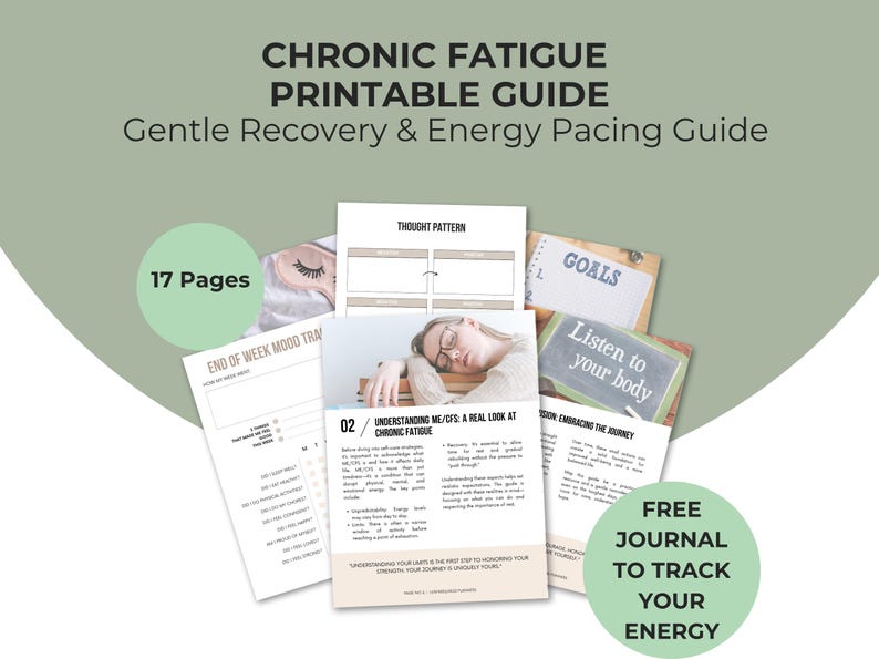 K&ouml;nnte beinhalten: Ein 17-seitiger druckbarer Leitfaden mit dem Titel Chronic Fatigue Printable Guide: Gentle Recovery & Energy Pacing Guide. Die Seiten enthalten Abschnitte f&uuml;r Gedankenmuster, Ziele, Stimmungsprotokolle und ein kostenloses Journal.