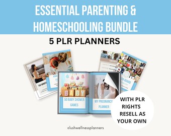 May include: A bundle of five printable planner templates for parents and homeschoolers. The covers feature images of children, a baby shower, and a pregnancy journal. The text on the cover reads "Essential Parenting & Homeschooling Bundle" and "5 PLR Planners".