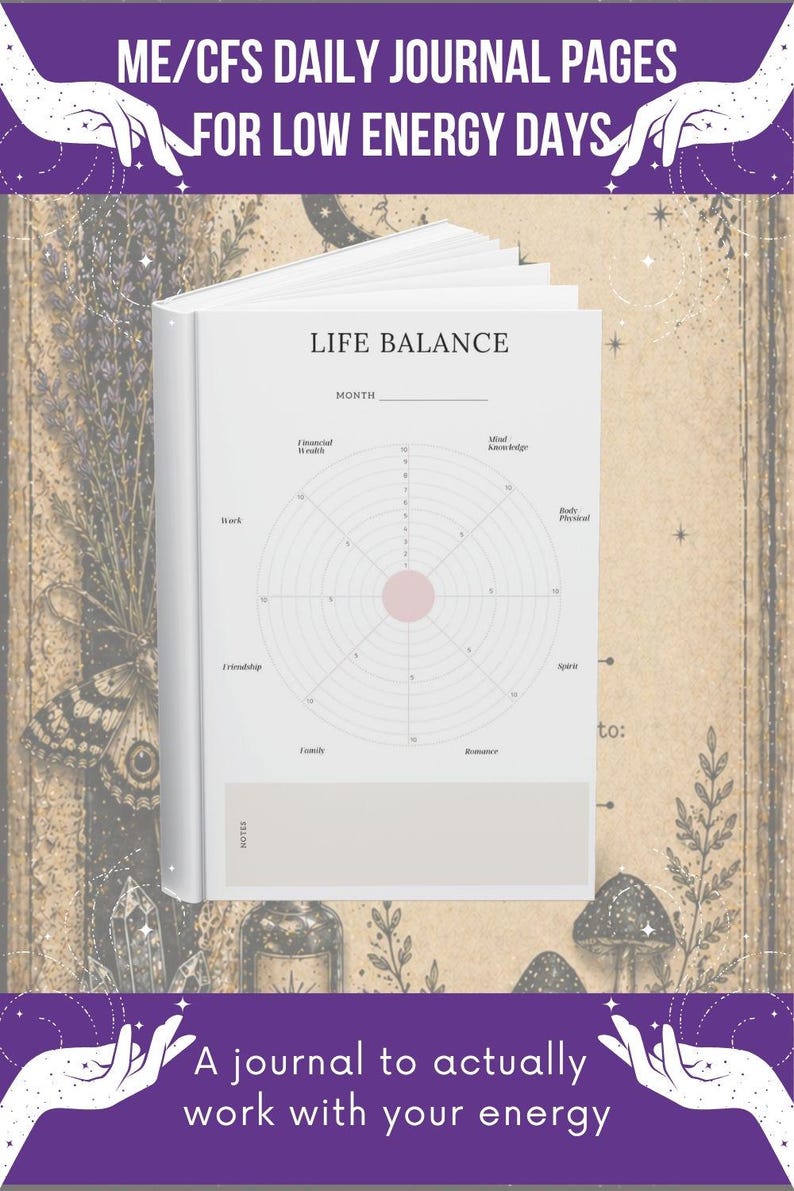 May include: A white journal titled ME/CFS DAILY JOURNAL PAGES FOR LOW ENERGY DAYS. The open page features a LIFE BALANCE wheel chart with categories like Financial Wealth, Work, Friendship, Family, Romance, Spirit, Body Physical, and Mind Knowledge.