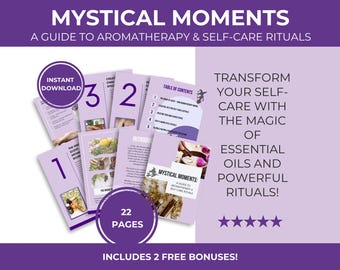 Puede incluir: Una guía de aromaterapia y autocuidado titulada "Mystical Moments". La imagen muestra una pila de páginas de color lila claro con el texto "Descarga instantánea" y "22 páginas". El texto de la portada dice: "¡Transforma tu cuidado personal con la magia de los aceites esenciales y los rituales poderosos!"
