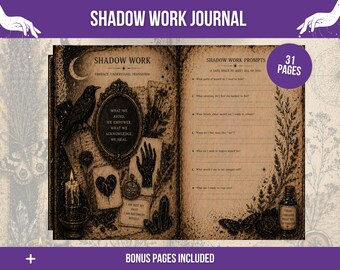Puede incluir: Un diario abierto con el título "Shadow Work Journal" y el texto "Embrace, Understand, Transform". El diario presenta ilustraciones de un cuervo, un espejo, una vela y indicaciones para la autorreflexión. El diario tiene 31 páginas y páginas de bonificación.