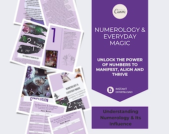 Puede incluir: Una colección de páginas imprimibles moradas y blancas con texto sobre numerología. El gráfico principal dice "Numerología y Magia Cotidiana" y "Desbloquea el poder de los números para manifestar, alinear y prosperar."