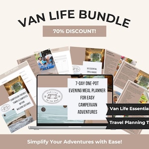 May include: A digital product bundle for van life, featuring a laptop screen displaying a 7-day one-pot evening meal planner for easy campervan adventures. The bundle includes travel planning tools and van life essentials. The text "Van Life Bundle" and "70% Discount!" is displayed at the top of the image.