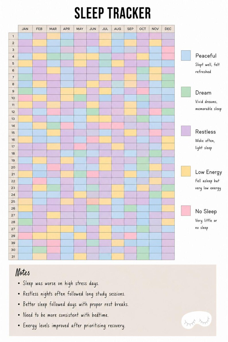 May include: A sleep tracker chart with the title SLEEP TRACKER, featuring a grid of months and days filled with blue, green, purple, yellow, and pink squares. A legend defines these colors for sleep quality, and a notes section includes handwritten text.
