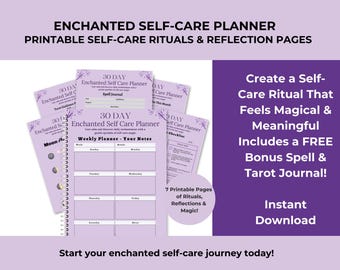Puede incluir: Un conjunto de planificadores de autocuidado de color lavanda con encuadernación en espiral, con el texto "Enchanted Self-Care Planner" y "Printable Self-Care Rituals & Reflection Pages". La imagen también incluye el texto "Crea un ritual de autocuidado que se sienta mágico y significativo."