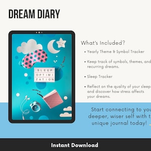 Puede incluir: La pantalla de una tableta digital muestra un fondo azul con una máscara para los ojos rosa, una nube blanca, una luna creciente blanca con una estrella amarilla, un libro rosa, un tablero de letras blanco con el texto "SLEEP OPTIMIZATION" y un despertador azul. El texto "DREAM DIARY" está en la parte superior de la pantalla. El texto "Instant Download" está debajo de la pantalla.