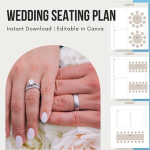 May include: A printable wedding seating chart template in Canva. The template includes three different seating chart layouts for 10, 12, and 16 guests. The template is designed with a simple, modern aesthetic and includes space for guest names and table assignments.