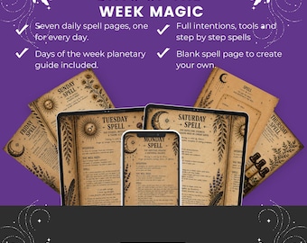 Puede incluir: Descarga digital con un fondo morado y el texto "DAYS OF THE WEEK MAGIC". La imagen muestra siete páginas de hechizos, cada una para un día de la semana, y una página de hechizo en blanco. Incluye intenciones completas, herramientas y hechizos paso a paso.