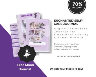 Puede incluir: Un diario digital imprimible Enchanted Self-Care Journal con detalles en morado. Las páginas incluyen una tabla de contenidos, una sección de breaking repeat y una portada con flores. Texto: Enchanted Self-Care Journal, 70% Discount, Free Moon Journal.