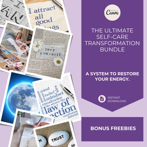 May include: A purple and white digital graphic with the text "The Ultimate Self-Care Transformation Bundle" and "A System to Restore Your Energy." The graphic also includes the text "Bonus Freebies" and "Instant Download".