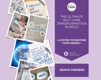 Puede incluir: Un collage de imágenes inspiradoras y texto, incluyendo frases como "Atraigo todo lo bueno" y "ámate a ti mismo". La pancarta púrpura muestra "THE ULTIMATE SELF-CARE TRANSFORMATION BUNDLE" y "A SYSTEM TO RESTORE YOUR ENERGY."