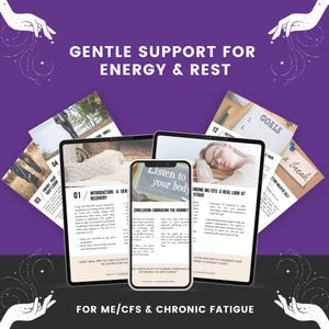 May include: A digital guide titled Gentle Support for Energy & Rest for ME/CFS & Chronic Fatigue displayed on a smartphone and two tablets. The pages feature text, headers like Introduction: A Gentle Recovery, and images of a person resting.