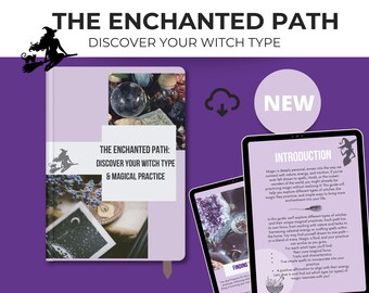 May include: A lilac-colored book and two tablets with the text "THE ENCHANTED PATH: DISCOVER YOUR WITCH TYPE & MAGICAL PRACTICE". The book has a bookmark and a picture of a witch on a broom. The tablets display text about magic.