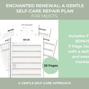 K&ouml;nnte beinhalten: Ein 28-seitiger, spiralgebundener Selbstf&uuml;rsorge-Plan f&uuml;r ME/CFS mit Tagesprotokoll, Stimmungstracker und Lebensbalance-Diagramm. Enth&auml;lt ein kostenloses 11-seitiges Journal-Bonusheft mit einem Energietracker in einem klaren, wei&szlig;en Design.
