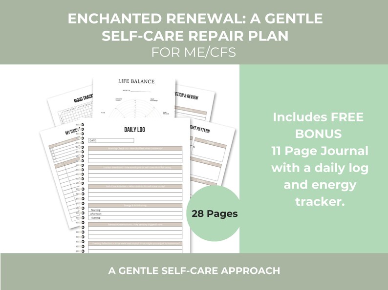 K&ouml;nnte beinhalten: Ein 28-seitiger, spiralgebundener Selbstf&uuml;rsorge-Plan f&uuml;r ME/CFS mit Tagesprotokoll, Stimmungstracker und Lebensbalance-Diagramm. Enth&auml;lt ein kostenloses 11-seitiges Journal-Bonusheft mit einem Energietracker in einem klaren, wei&szlig;en Design.