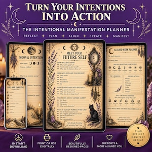 May include: A digital manifestation planner set featuring a smartphone and tablet display with vintage-style parchment backgrounds. The pages include celestial illustrations, a black cat, lavender, and prompts like Meet Your Future Self and Aligned Week Planner, all set against a deep purple backdrop.