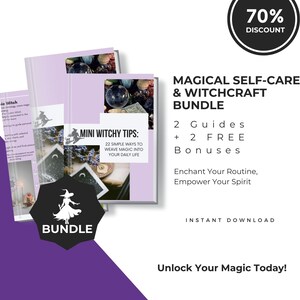 Può includere: Un pacchetto di guide e bonus di stregoneria, con un design viola e bianco. Il testo include "Magical Self-Care & Witchcraft Bundle" e "Mini Witchy Tips". È presente anche un distintivo nero con una silhouette di strega e la parola "BUNDLE".