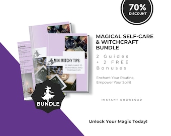 May include: A bundle of witchy guides and bonuses, featuring a purple and white design. The text includes "Magical Self-Care & Witchcraft Bundle" and "Mini Witchy Tips". A black badge with a witch silhouette and the word "BUNDLE" is also present.
