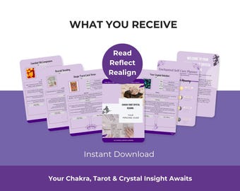 Puede incluir: Un conjunto de páginas de planificador digital de color morado claro tituladas WHAT YOU RECEIVE, que incluyen secciones para Essential Oil Companion, Overall Reading, Single Tarot Card Draw, Your Crystal Selection y Enchanted Self Care Planner.