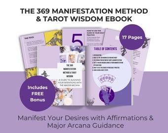 Puede incluir: Una portada de ebook púrpura y blanca con el título "The 369 Manifestation Method & Tarot Wisdom Ebook". La portada presenta cartas de tarot, una bruja y una tabla de contenido. El ebook incluye 17 páginas y un bono gratuito.
