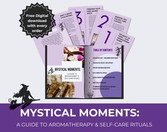 Puede incluir: Un folleto titulado Mystical Moments: A Guide to Aromatherapy & Self-Care Rituals con páginas moradas y blancas. El folleto abierto muestra una tabla de contenidos, mientras varias páginas sueltas se despliegan detrás. Un icono de estrella negra dice Free Digital download with every order.