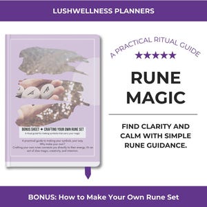 Puede incluir: Un libro titulado "Rune Magic" con una portada de color lila claro. La portada presenta imágenes de runas y el texto "Bonus Sheet + Crafting Your Own Rune Set". El libro promete ayudar a encontrar claridad y calma con una guía de runas sencilla.