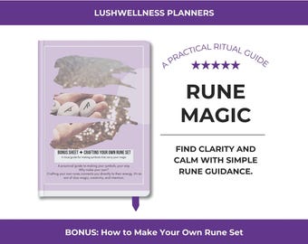 Puede incluir: Un libro titulado "Rune Magic" con una portada de color lila claro. La portada presenta imágenes de runas y el texto "Bonus Sheet + Crafting Your Own Rune Set". El libro promete ayudar a encontrar claridad y calma con una guía de runas sencilla.