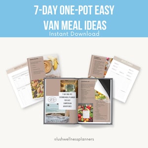 Puede incluir: Un libro abierto y varias páginas con información de planificación de comidas. El texto del libro dice «7-DAY ONE-POT EASY VAN MEAL IDEAS». Otras páginas incluyen recetas y listas de compras. El fondo es azul claro.