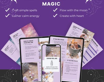 Puede incluir: Una guía digital titulada Practical Everyday Magic mostrada en una tableta y un teléfono inteligente. Las páginas presentan diseños en morado y blanco con texto sobre frascos de hechizos, ciclos lunares y rituales, e imágenes de cristales.