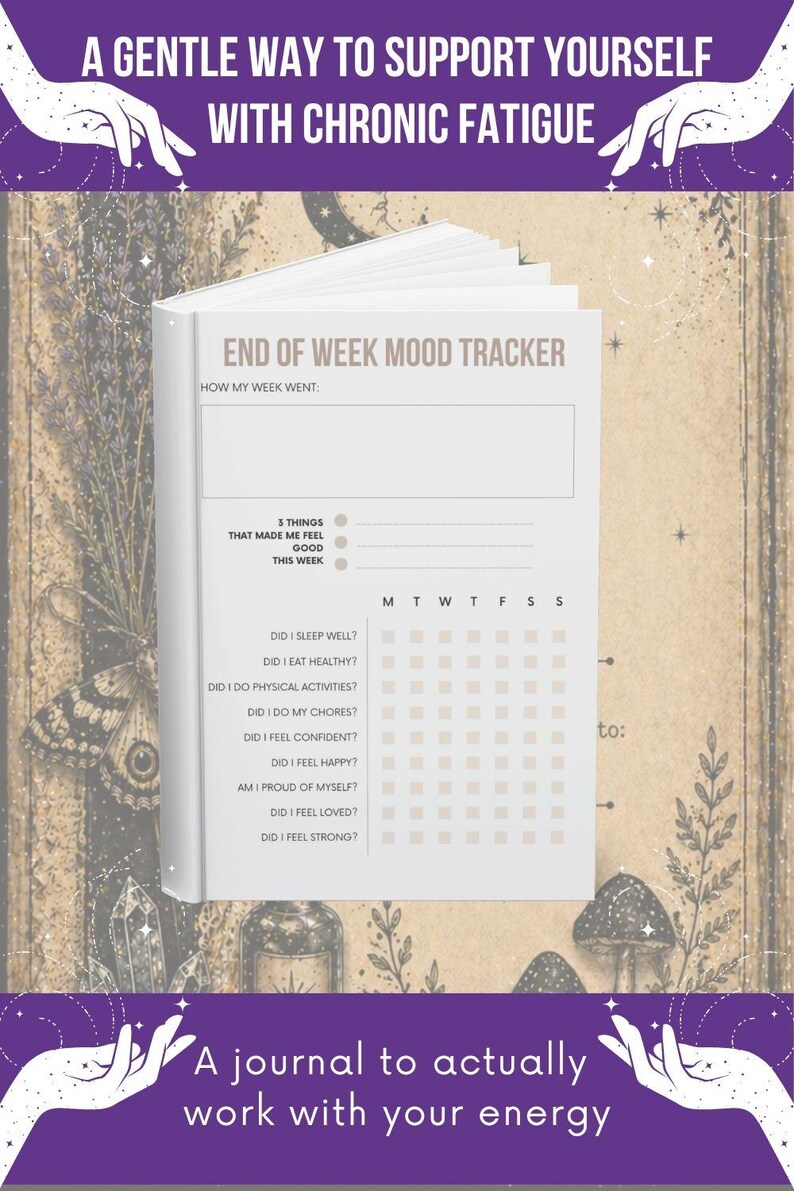 May include: A white journal titled End of Week Mood Tracker with a section for How My Week Went, a list of three things that made me feel good, and a grid to track daily habits and feelings from Monday to Sunday, set against a botanical background.