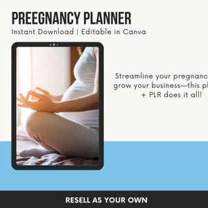 Könnte beinhalten: Ein digitaler Planer für die Schwangerschaft, im Hintergrund eine schwangere Frau, die meditiert. Der Text auf dem Bildschirm lautet "PREEGNANCY PLANNER Sofortiger Download | In Canva bearbeitbar Optimieren Sie Ihre Schwangerschaft und lassen Sie Ihr Geschäft wachsen - dieser Planer + PLR macht alles! ALS EIGENES PRODUKT VERKAUFEN"