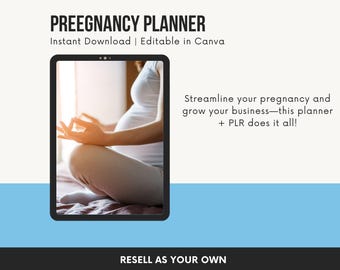 May include: A digital planner for pregnancy, with a pregnant woman meditating in the background. The text on the screen reads "PREEGNANCY PLANNER Instant Download | Editable in Canva Streamline your pregnancy and grow your business-this planner + PLR does it all! RESELL AS YOUR OWN"