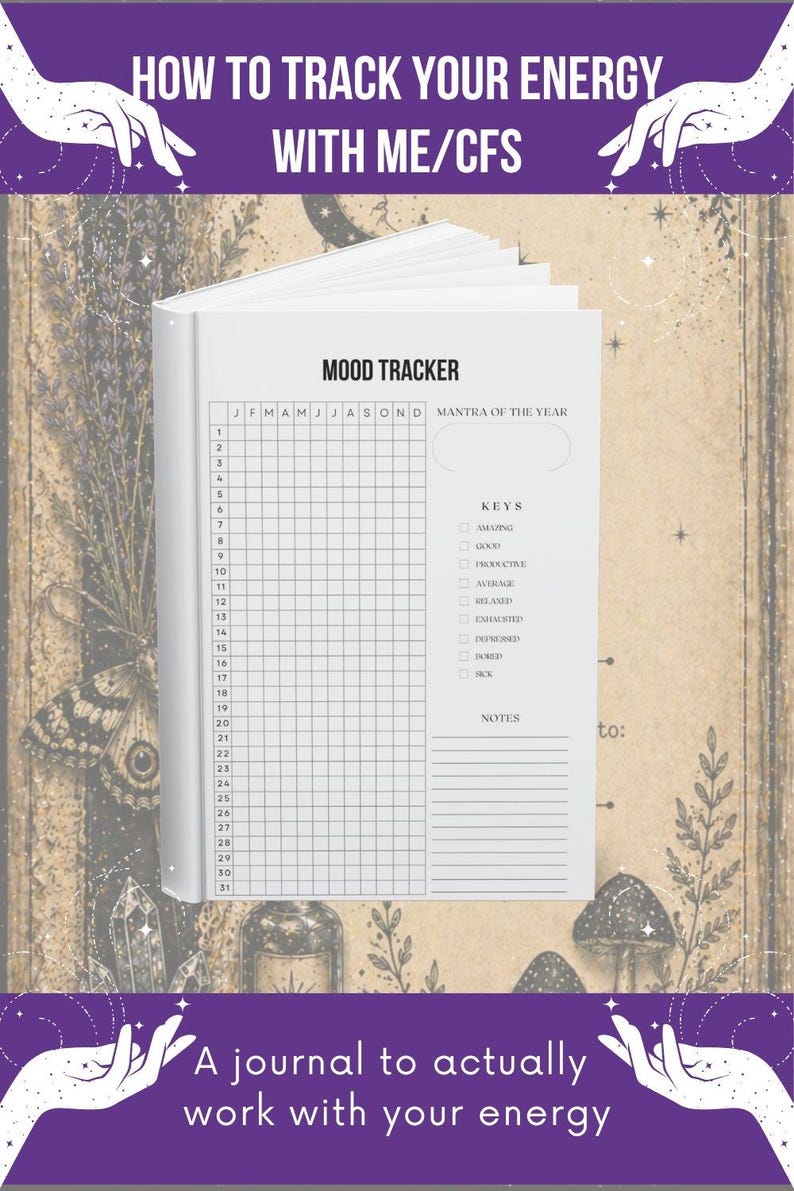 May include: A white mood tracker journal page featuring a grid for months and days, a mantra of the year section, and a key with categories including amazing, good, productive, average, relaxed, exhausted, depressed, bored, and sick, plus notes.