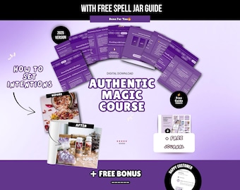 Puede incluir: Una descarga digital titulada Authentic Magic Course que presenta una colección de páginas informativas moradas, una foto de antes y después de frascos de hechizos, un diario gratuito y una guía gratuita de frascos.