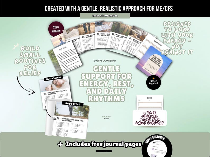 K&ouml;nnte beinhalten: Ein digitales Download-Set mit Informationsseiten f&uuml;r das ME/CFS-Management, mit dem Text Gentle Support for Energy, Rest, and Daily Rhythms, 2026 Version, und Build Small Routines for Relief, sowie verschiedenen Dokumentenlayouts und Tagebuchseiten.