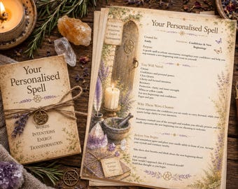 Puede incluir: Un documento de hechizo impreso titulado Your Personalised Spell con un folleto a juego atado con cordel y un dije de pentáculo. El papel presenta ilustraciones de una puerta de madera, una vela, cristales y lavanda, con texto que detalla intenciones, elementos necesarios e instrucciones.