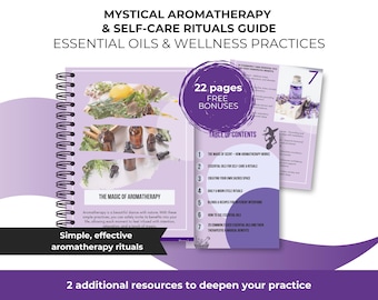 Puede incluir: Una guía púrpura y blanca con el título "Aromaterapia mística y guía de rituales de autocuidado" y el subtítulo "Aceites esenciales y prácticas de bienestar". La guía tiene una tabla de contenido con 7 secciones, incluyendo "La magia del aroma - Cómo funciona la aromaterapia" y "Beneficios terapéuticos y mágicos". La guía también incluye 22 páginas y bonificaciones gratuitas.