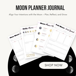 Könnte beinhalten: Ein druckbares Mond-Planer-Journal mit Seiten für die tägliche Planung, Mondphasen und ein Vollmond-Karten-Spread. Die Seiten sind weiß mit schwarzen und goldenen Mond-Illustrationen.