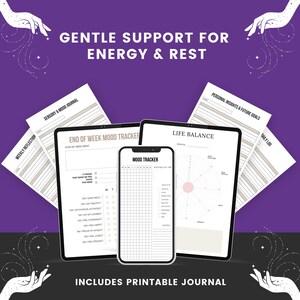 May include: A digital planner set on a purple background featuring a smartphone displaying a mood tracker, a tablet showing a life balance wheel, and various printable journal pages with text including GENTLE SUPPORT FOR ENERGY & REST.