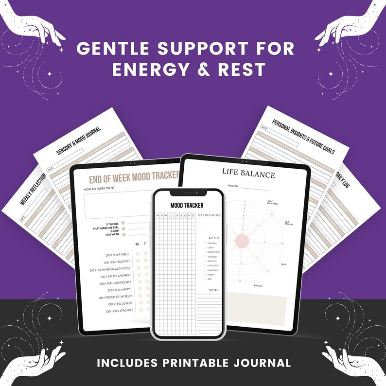 May include: A digital planner set on a purple background featuring a smartphone displaying a mood tracker, a tablet showing a life balance wheel, and various printable journal pages with text including GENTLE SUPPORT FOR ENERGY & REST.