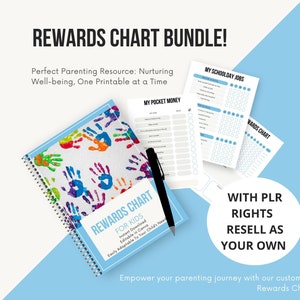 May include: A bundle of printable reward charts for kids. The charts are designed to help children learn responsibility and develop good habits. The bundle includes a "My Pocket Money" chart, a "My Schoolday Jobs" chart, and a "Rewards Chart". The charts are customizable and can be used for a variety of purposes.