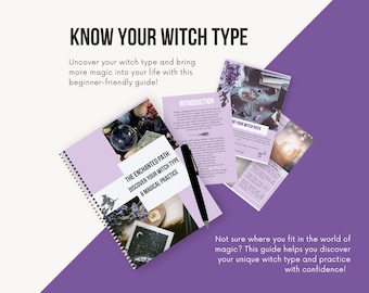 Puede incluir: Una guía en espiral de color morado y blanco titulada "The Enchanted Path: Discover Your Witch Type & Magical Practice". La portada presenta una silueta de bruja, cristales y una luna creciente.