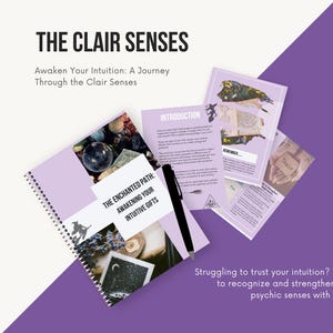 May include: A purple and white guidebook titled "The Enchanted Path: Awakening Your Intuitive Gifts" with a witch illustration on the cover. The book is open to a page with the title "Introduction".