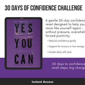 Op de afbeelding: Digitale afbeelding die een 30-daagse zelfvertrouwen challenge promoot. De afbeelding toont een paars letterbord met de woorden "YES YOU CAN" en ondersteunende tekst. Het ontwerp staat tegen een paarse en witte achtergrond.