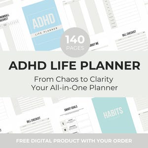 Könnte beinhalten: Ein ADHD Life Planner mit 140 Seiten, der darauf ausgelegt ist, Klarheit zu schaffen. Der Planer enthält Abschnitte für Schuldensummen-Arbeitsblätter, Rechnungs-Checklisten, intelligente Ziele und Gewohnheitsverfolgung. Das Cover ist hellblau mit dem Text "ADHD LIFE PLANNER".
