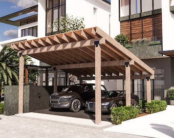 May include: A modern home with a wooden carport, two black cars parked underneath, and a person riding a bicycle in the driveway.