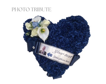 Funeral Flowers Heart Custom Photo Artificial Silk, choose Any colour, printed tribute message, Dad, Mum, Nan and Grandad for Grave/memorial