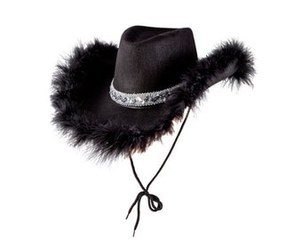 COWGIRL Hat Black Fur Trim + Sequin Design Ladies Cowboy Events Fancy Dress Wedding Hen Party