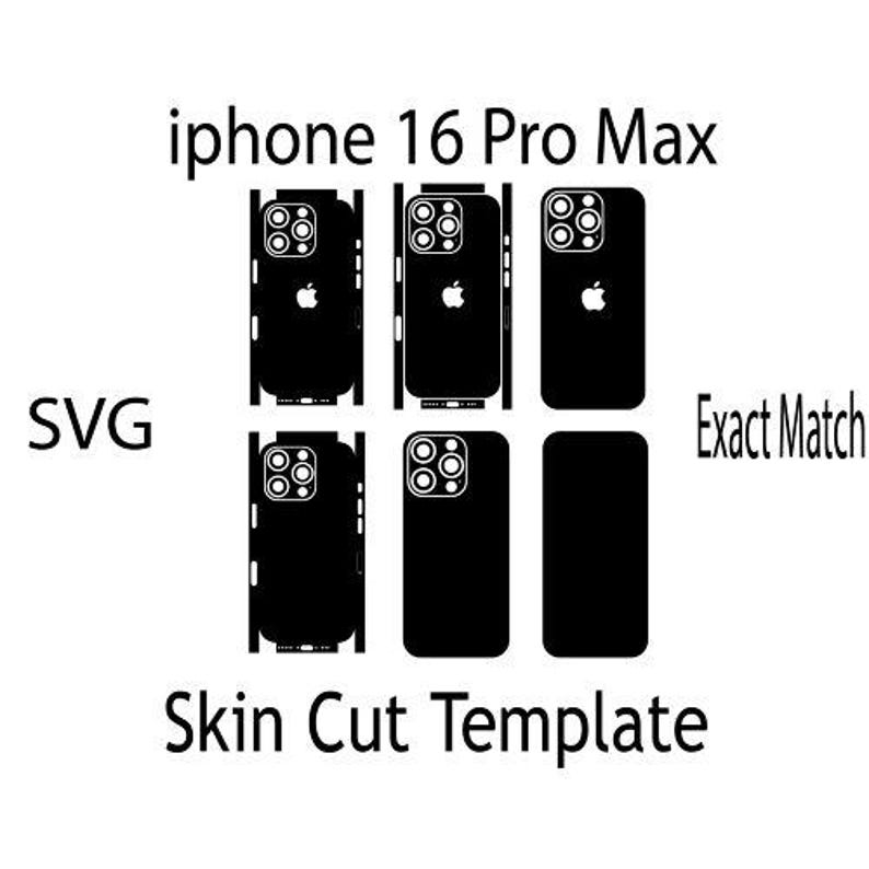 May include: A black and white template for cutting a phone skin for an iPhone 16 Pro Max. The template shows the front, back, and sides of the phone.